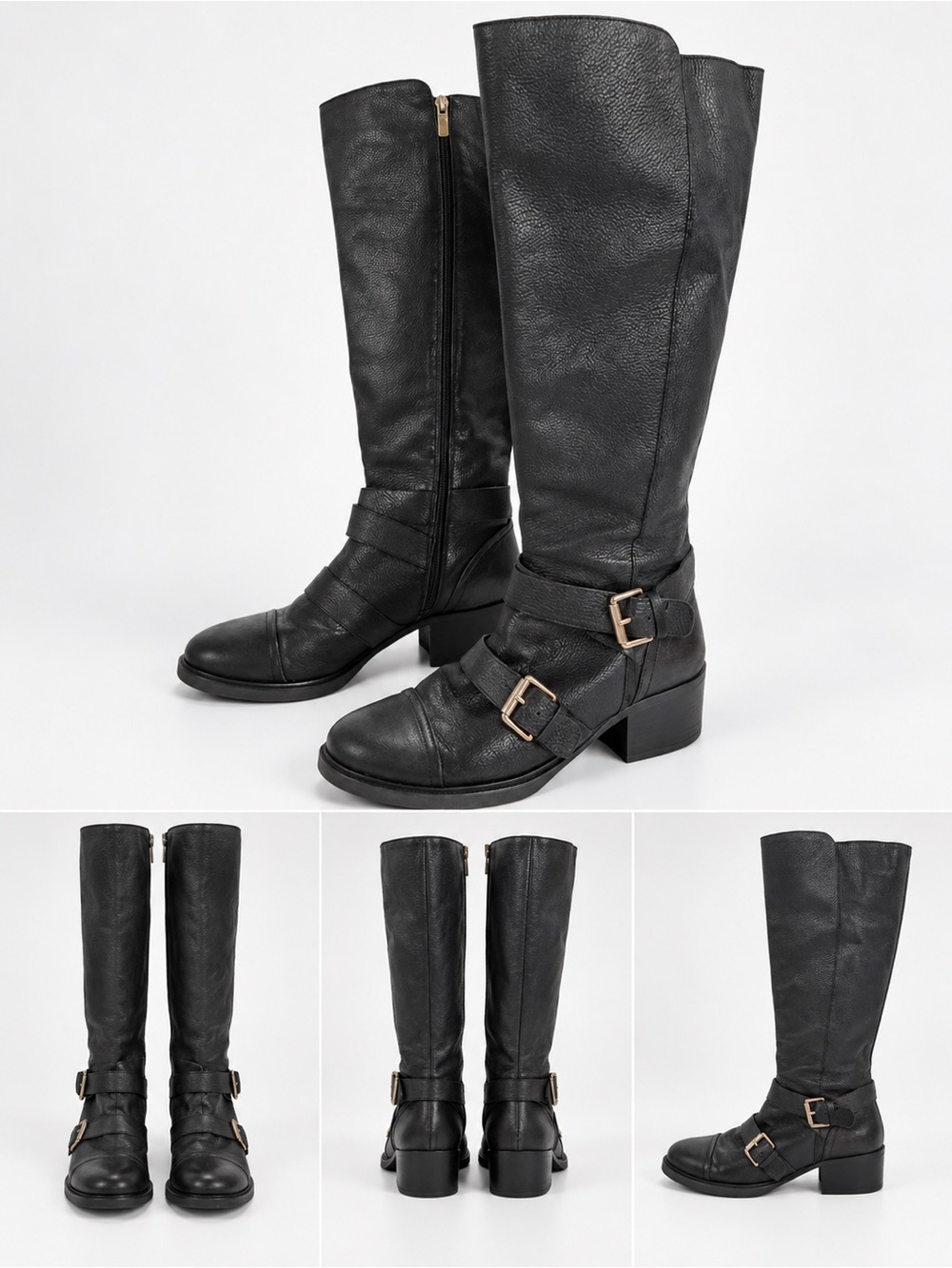 BCBGeneration Black Leather Tall Riding Boots Gold Buckle Accent Size 11B